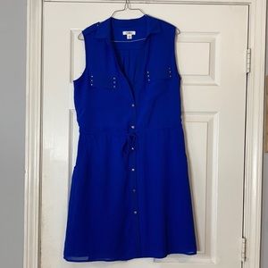 Cato Royal blue and gold studded button front V neck sleeveless collared dress